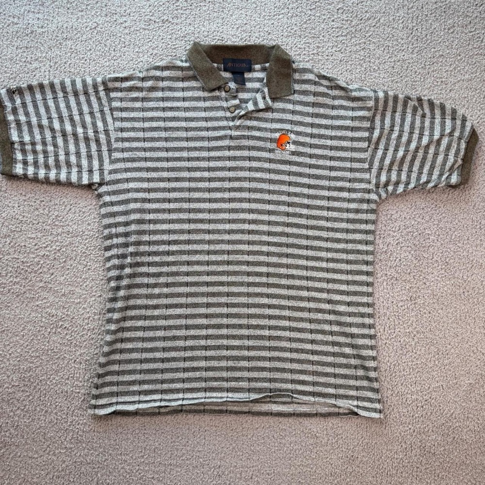 Vintage 90s Cleveland Browns Polo Shirt Mens M Grey Striped Antigua Made in USA